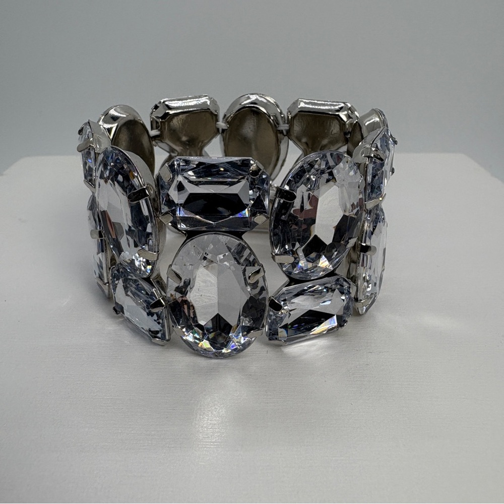 Wide Clear Crystal Geometric Silver Stretch Bracelet